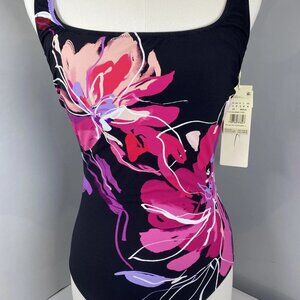 Gottex Water Lily One-Piece Swimsuit • Size 10 • Black/Pink • Square Neck